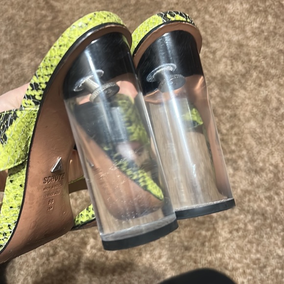 Schutz Neon Yellow Snake Print Leather Open Toe Heels - Picture 8 of 9